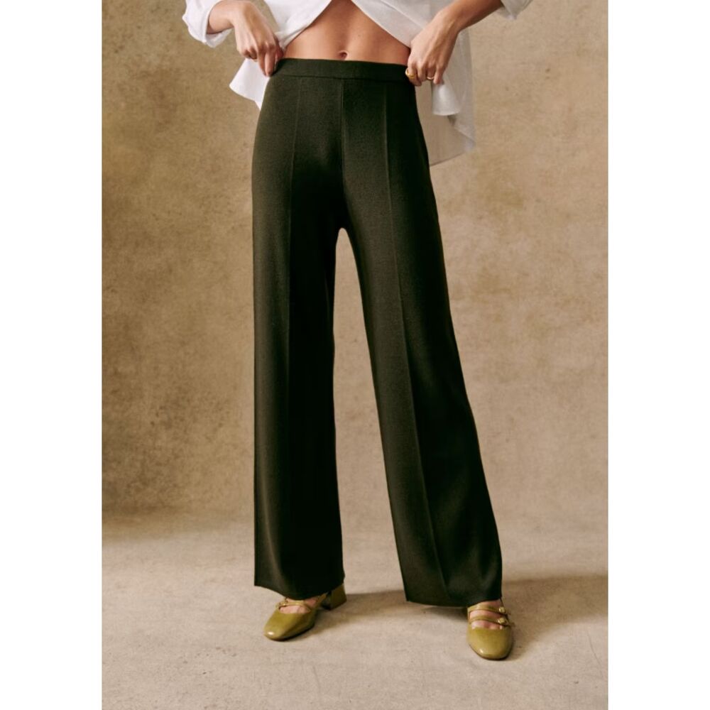 Sézane Matthew 100% Merino Wool Knit Pants Size M Olive Green Straight Wide Leg